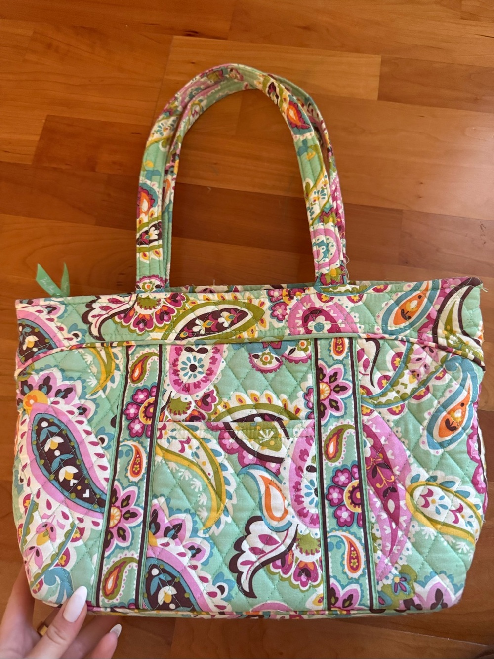 Vera Bradley Mint Paisley Quilted Tote with Pink and Orange Accents